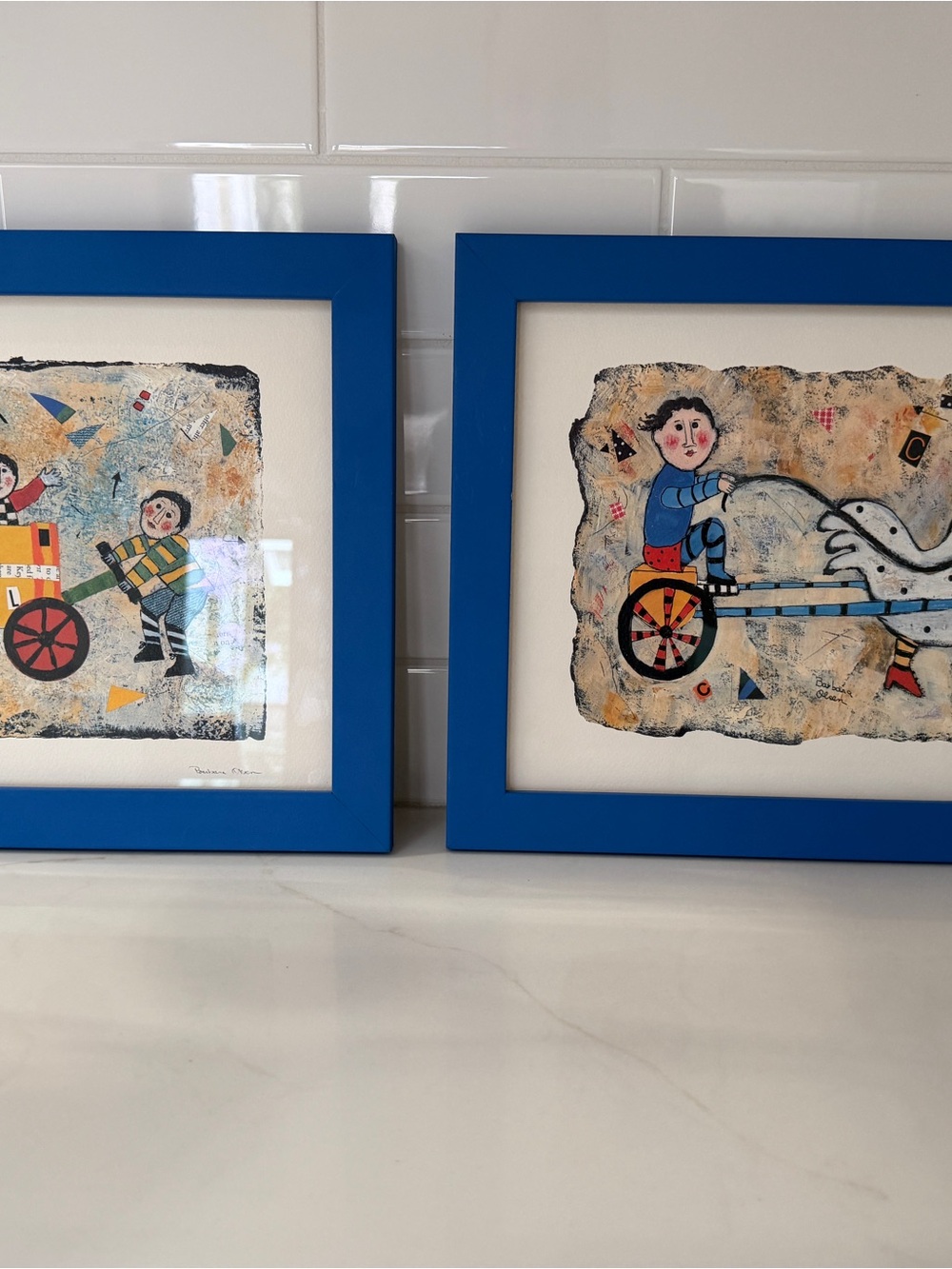 Blue Framed Home Art Print - Playful Children Illustration